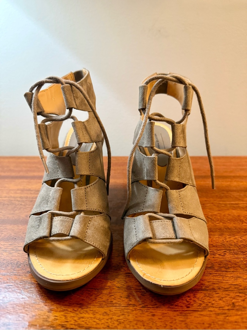 Women’s Taupe Suede Lace-Up Wedge Sandals